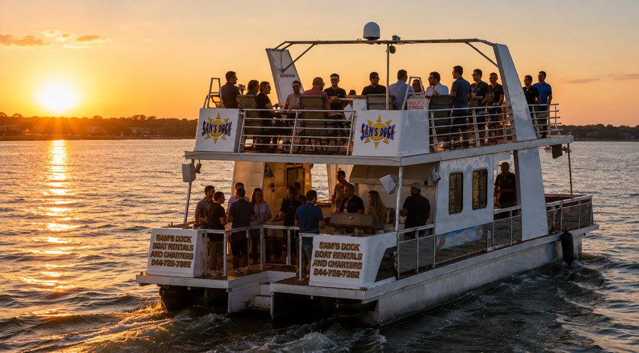 Team gathering on a Sam's Dock boat charter at sunset